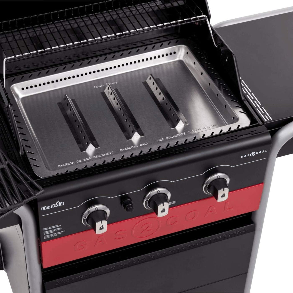 Gas2Coal® Barbacoa híbrida: barbacoa de gas y carbón de tres quemadores, acabado en negro.