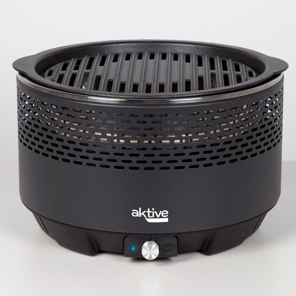 Barbacoa Portátil Negra A Carbón Sin Humo Aktive, Ø34x21,5cm, Con Protección Antigoteo