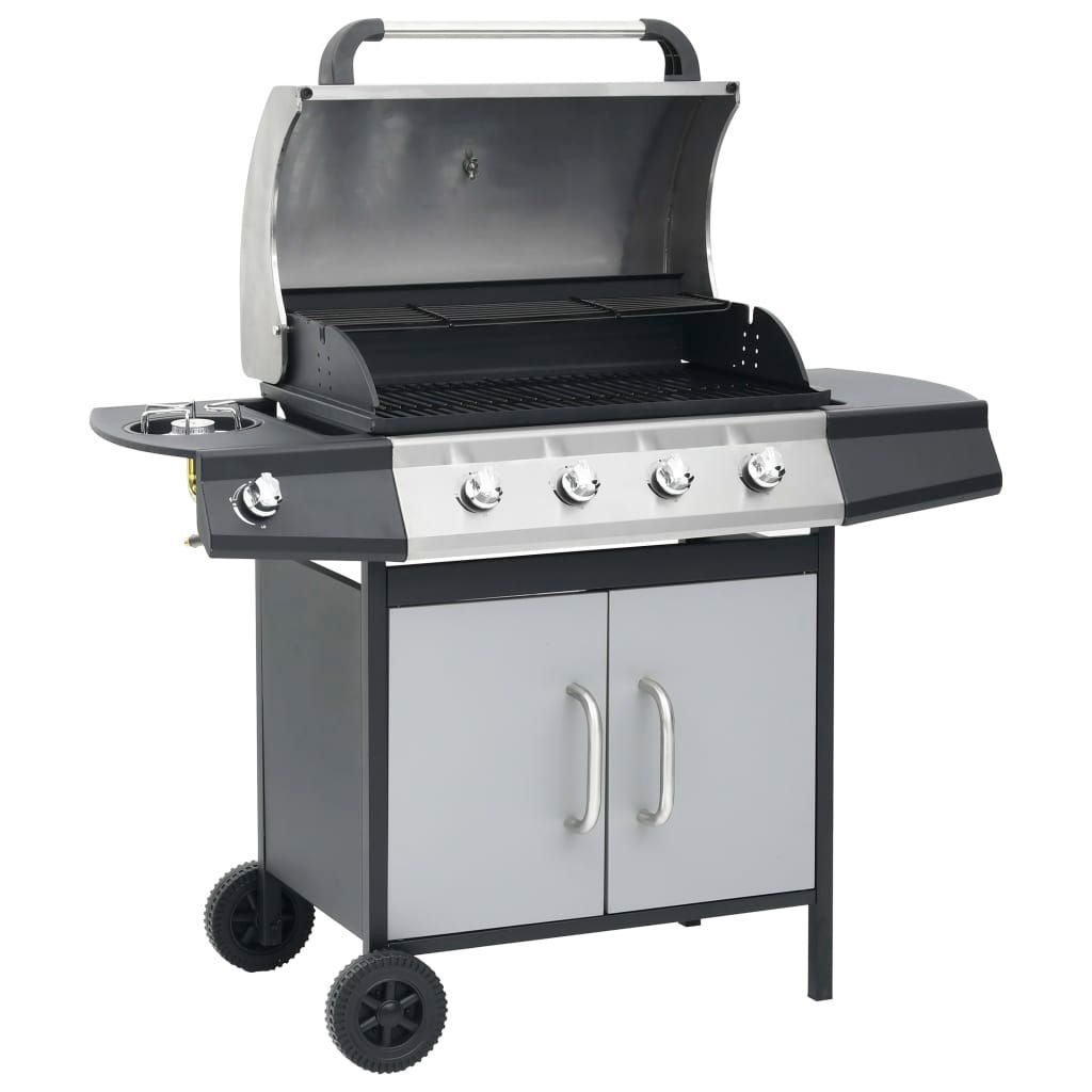 Barbacoa Grill De Gas 4+1 Quemadores Negra Y Plateada Vidaxl
