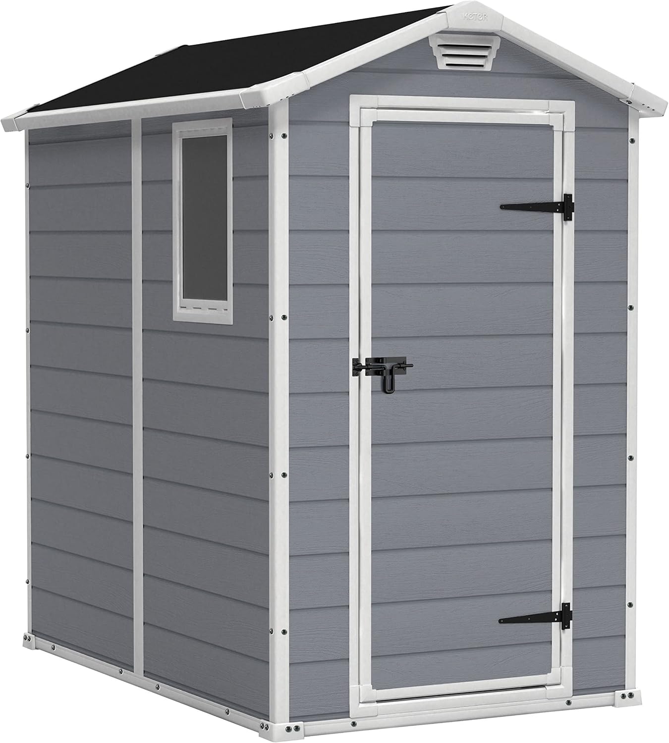 Keter Manor 4X6 - Caseta de jardín, 130x192x198cm y 2,2m2, Suelo, Sistema de ventilación, Puerta y Ventana, Resistente al Agua, Color Gris